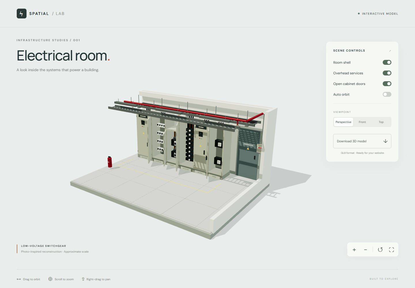 Three-dimensional model of an electrical room, from a mechanical and electrical installation design